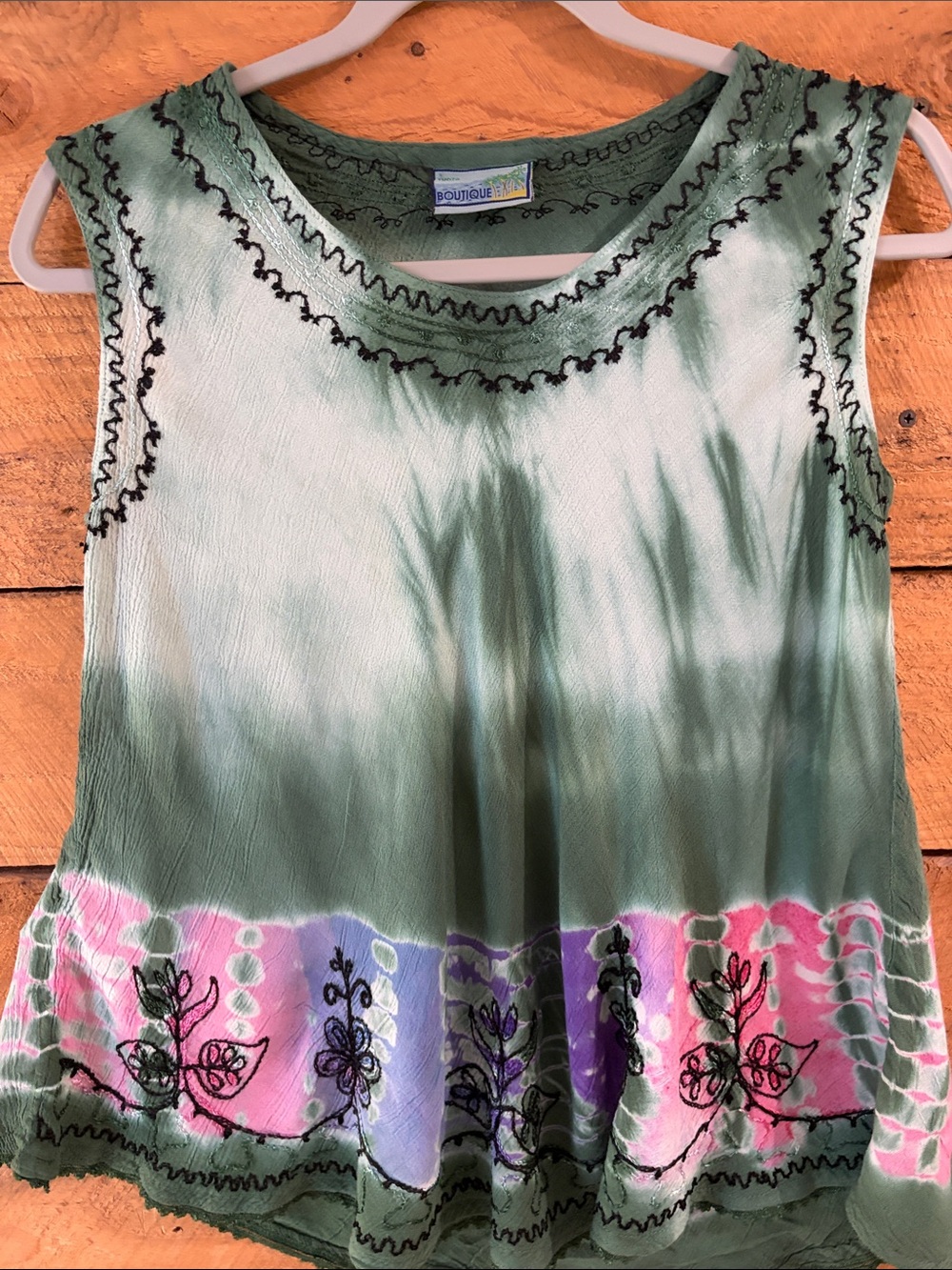 Vintage Tie-Dye Embroidered Sleeveless Top